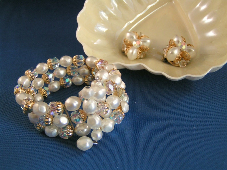 Vintage Faux Pearl / Crystal Expansion Bracelet & Clip Earrings Set image 1