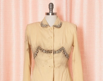 AS-IS *** Vintage 1940s 40s Beaded Rhinestone Cream Wool Suit Jacket Blazer (small/medium)