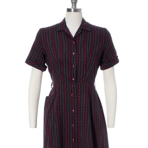 Vintage 1950s Shirt Dress 50s Striped Cotton Black Red Button Up Sheath Wiggle Dress with Pocket medium image 2