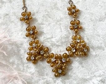 Vintage 1950s 1960s Necklace | 50s 60 Floral Rhinestone Beaded Earth Tone Cluster Flowers Cocktail Formal Mid Century Costume Jewelry