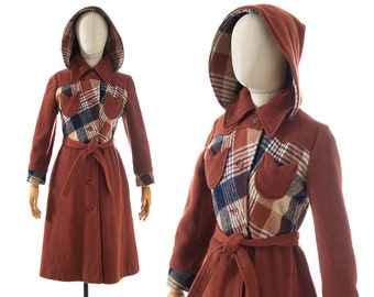 winter designer hippie urban orange 1970s Vintage Retro Hooded Coat....swishy tan rocker fashion 70s hipster 60s fall fancy