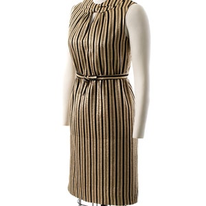 Vintage 1960s Dress 60s Striped Metallic Gold Black Keyhole Belted Shift Sleeveless Evening Holiday Party Dress small image 3
