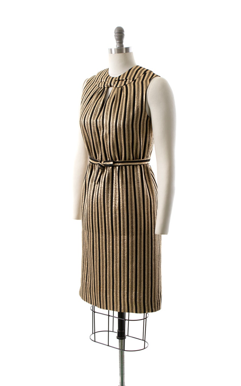 Vintage 1960s Dress 60s Striped Metallic Gold Black Keyhole Belted Shift Sleeveless Evening Holiday Party Dress small image 3
