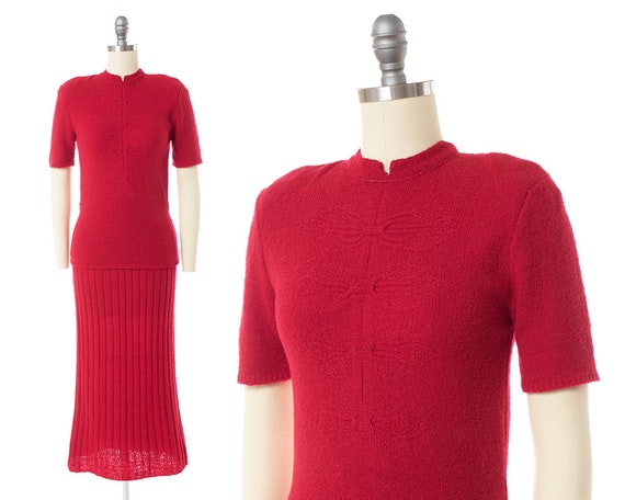 Vintage 1940s 1950s Knit Set | 40s 50s Bright Red