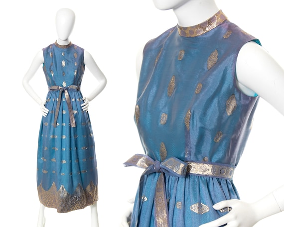 Buy Vintage 1960s Party Dress | 60s Metallic Organza Blue Silver Fit and  Flare Indian Sleeveless Maxi Full Length Formal Evening Gown (small) Online  in India - Etsy