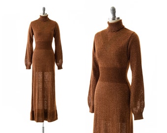 Vintage 1970s Sweater Dress | 70s WENJILLI Knit Sparkly Metallic Lurex Copper Turtleneck Long Sleeve Maxi Party Gown (x-small/small/medium)