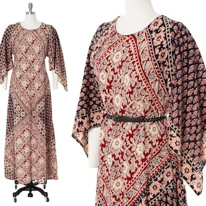 Vintage 1970er Jahre Kleid | 70er Jahre Indisch Baumwolle Floral Gedruckt Spitze Engel Ärmel A-Linie Boho Flowy Maxi Kleid (small/medium/large)