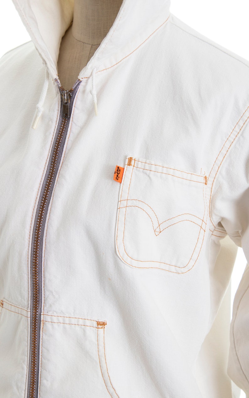 Vintage 1970s Jacket 70s LEVIS Orange Tab White Cotton Denim Hooded Zip Up Boho Minimalist Jacket small/medium image 7