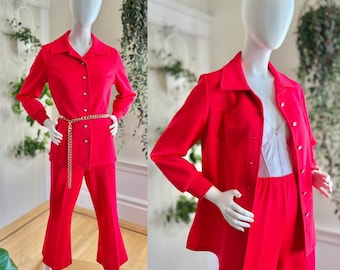 Vintage 1970s Pant Suit | 70s Hot Pink Knit Polyester Jacket Blazer High Rise Pants Matching Two Piece Set | medium/large