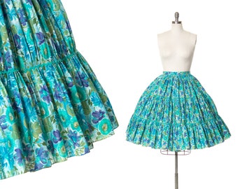 Vintage 1950s Circle Skirt | 50s Floral Printed Pleated Tiered Blue Swing Skirt (small)