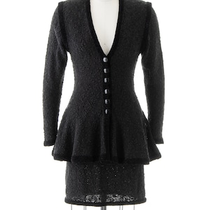 Vintage 1980s Skirt Suit 80s Jet Black Chenille Knit Peplum Jacket Pencil Skirt Two Piece Matching Set small/medium image 2