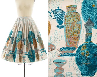 Vintage 1950s Skirt | 50s Novelty Print Vases Urns Pottery Border Print Cotton High Waisted Full Swing Skirt (small)
