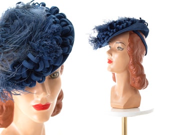 Vintage 1940s Tilt Hat | 40s Ostrich Feather Loopty Blue Wool Felt Formal Hat with Head Strap