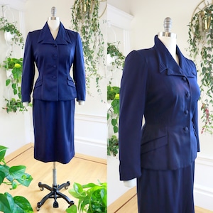Completo gonna vintage anni '40 / Giacca blazer su misura in gabardine di lana blu navy scuro anni '40, gonna a tubino da indossare al lavoro / piccola