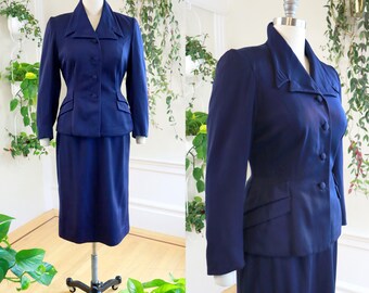 Terno de saia vintage dos anos 1940 | Blazer de lã azul marinho escuro gabardine de duas peças, jaqueta sob medida, saia lápis, use para trabalhar | pequeno