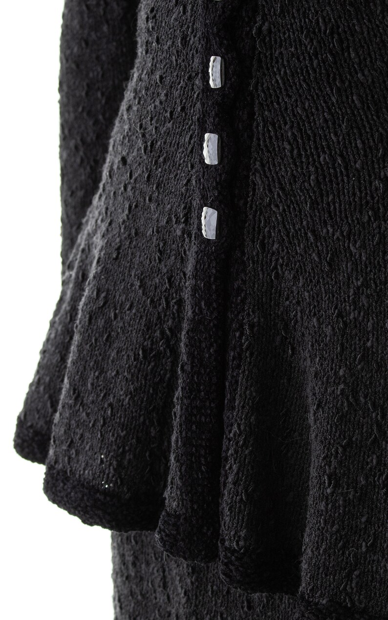 Vintage 1980s Skirt Suit 80s Jet Black Chenille Knit Peplum Jacket Pencil Skirt Two Piece Matching Set small/medium image 7