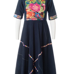 Vintage 1970s Huipil Dress 70s Guatemalan Woven Embroidered Floral Rose & Birds Navy Blue Cotton Maxi Dress small image 2