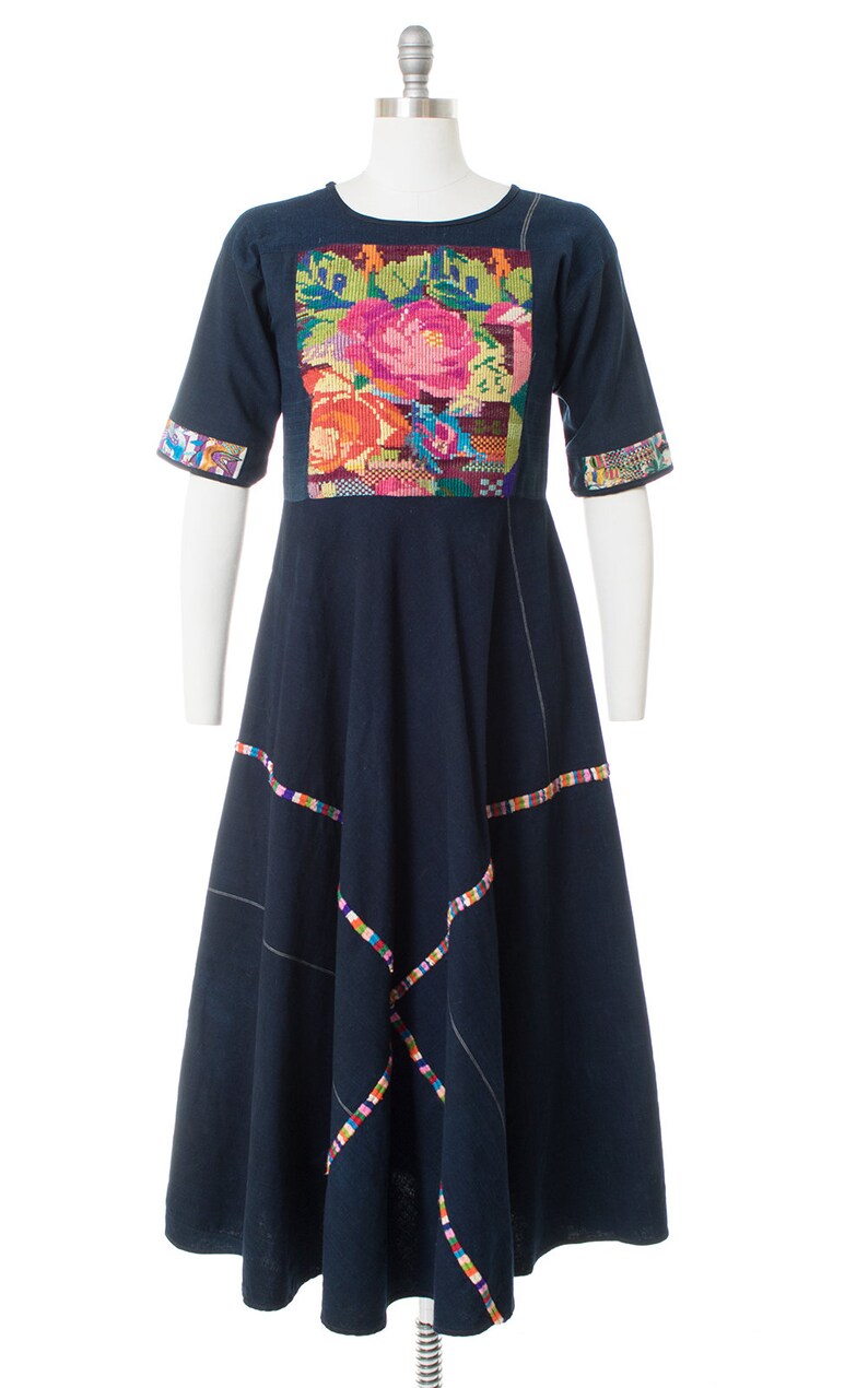 Vintage 1970s Huipil Dress 70s Guatemalan Woven Embroidered Floral Rose & Birds Navy Blue Cotton Maxi Dress small image 2