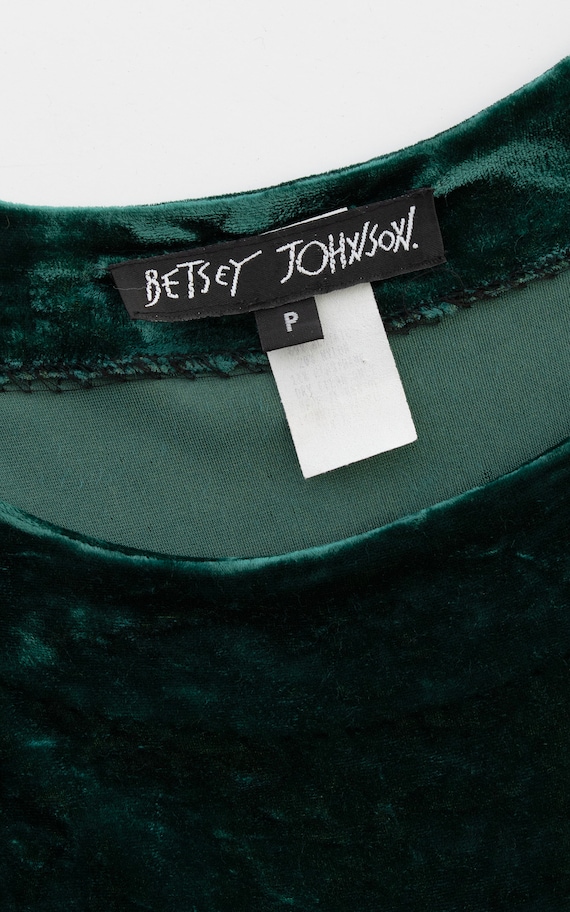 Vintage 1990s Mini Dress | 90s BETSEY JOHNSON Crushed Velvet Forest Green Stretchy Long Sleeve Fit and Flare Grunge Skater Dress (x-small)
