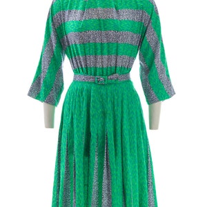 75 DRESS SALE /// Vintage 1950s Dress 50s Abstract Striped Cotton Green Three Quarter Sleeve Pleated Skirt Day Dress medium image 2