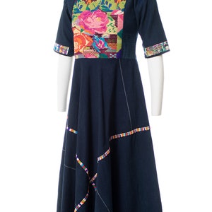 Vintage 1970s Huipil Dress 70s Guatemalan Woven Embroidered Floral Rose & Birds Navy Blue Cotton Maxi Dress small image 3