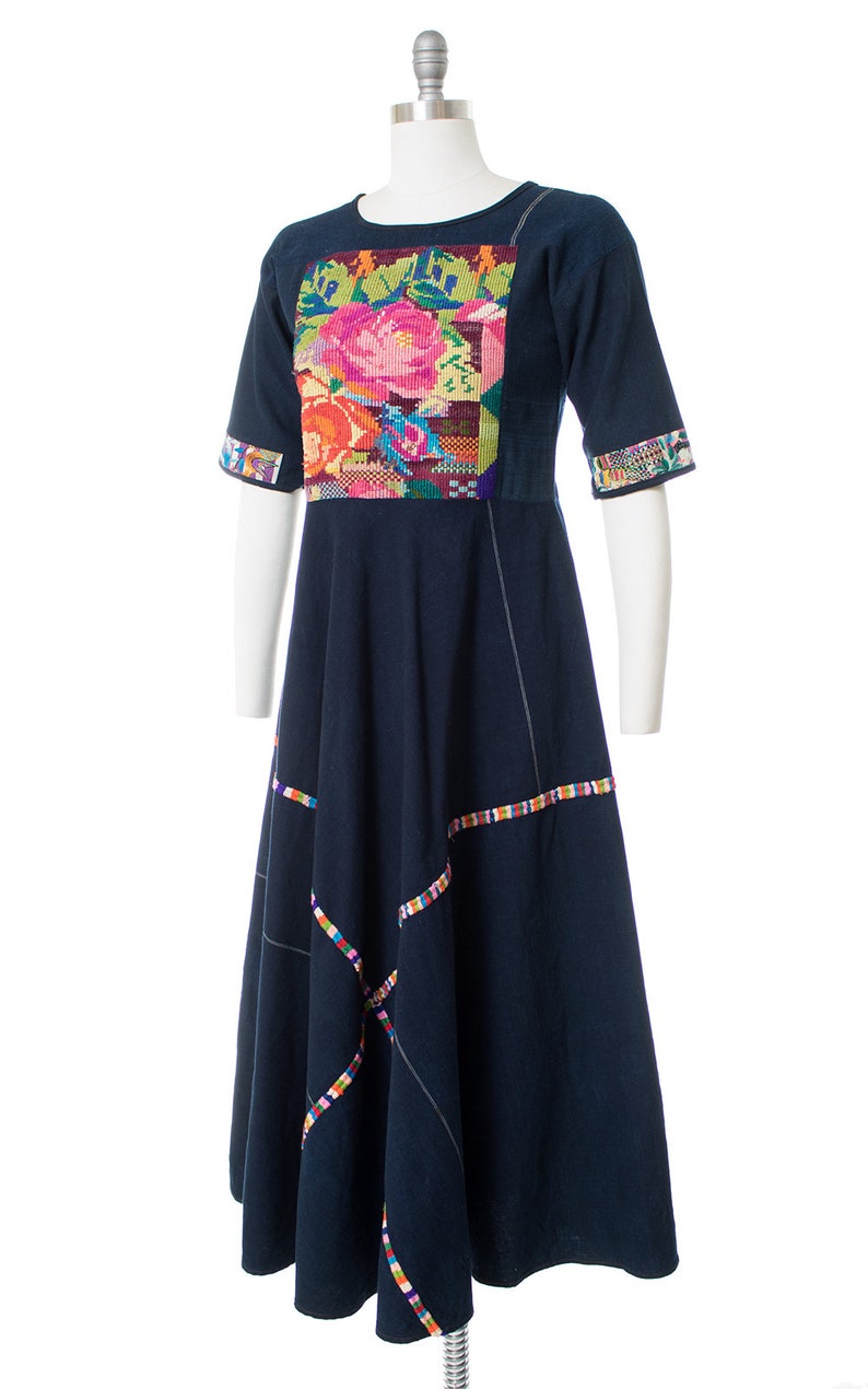 Vintage 1970s Huipil Dress 70s Guatemalan Woven Embroidered Floral Rose & Birds Navy Blue Cotton Maxi Dress small image 3