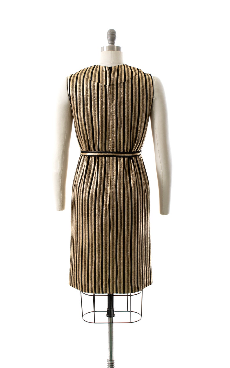 Vintage 1960s Dress 60s Striped Metallic Gold Black Keyhole Belted Shift Sleeveless Evening Holiday Party Dress small image 4