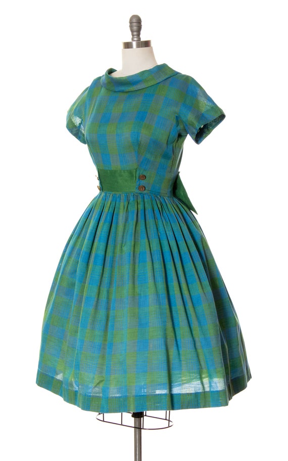 Vintage 1960s Dress | 60s Plaid Cotton Blend Gree… - image 3