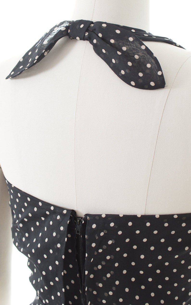 Vintage 1970s Halter Top 70s Polka Dot Cotton Black Cropped Peplum Pin Up Blouse small image 6
