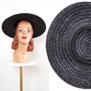 Vintage 1970s Sun Hat | 70s does 1950s Black Straw Wide Brim Summer Picture Hat (3 Available)