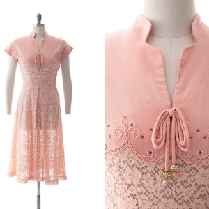 Vintage 1950s Dress 50s Rhinestone Soutache Linen Lace Light Pink See Through Fit and Flare Summer Tea Dress small image 1