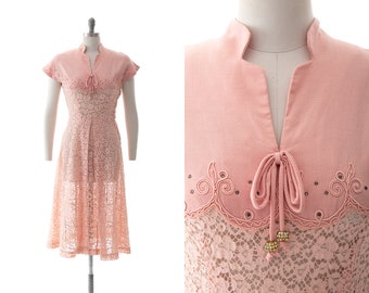 Vintage 1950s Dress | 50s Rhinestone Soutache Linen Lace Light Pink See Through Fit and Flare Summer Tea Dress (small)