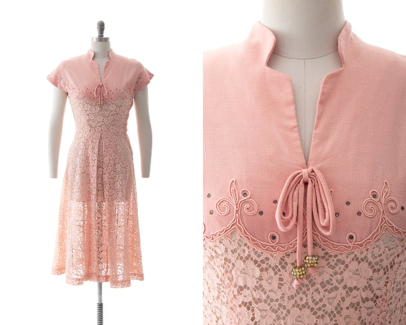 Vintage 1950s Dress 50s Rhinestone Soutache Linen Lace Light Pink See Through Fit and Flare Summer Tea Dress small image 1