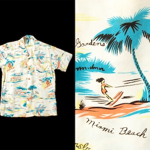 Vintage MEN&#39;S 1940s Shirt | 40s Rayon Novelty Print Florida Tourist Cities Printed Palm Tree Miami Short Sleeve Button Up Shirt (small)