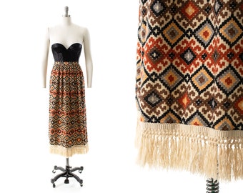 Vintage 1970s Maxi Skirt | 70s Ikat Geometric Cotton Linen Boho Earth Tones Fringe Skirt (small)