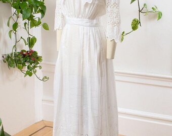 【アンティーク】1900s - 1910sフランス ホワイト キャリコ ドレス アンティーク エドワード朝風ティードレス | 1910年代 ホワイト