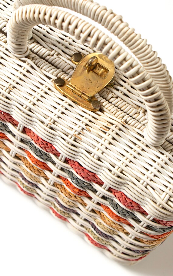 Vintage 1960s Box Purse | 60s Rainbow Striped Whi… - image 10