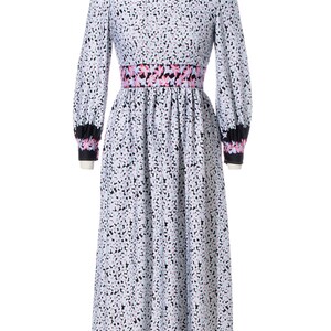 Vintage 1970s Maxi Dress 70s Floral Border Print White Fit and Flare Long Sleeve Polyester Jersey Day Dress small/medium image 2