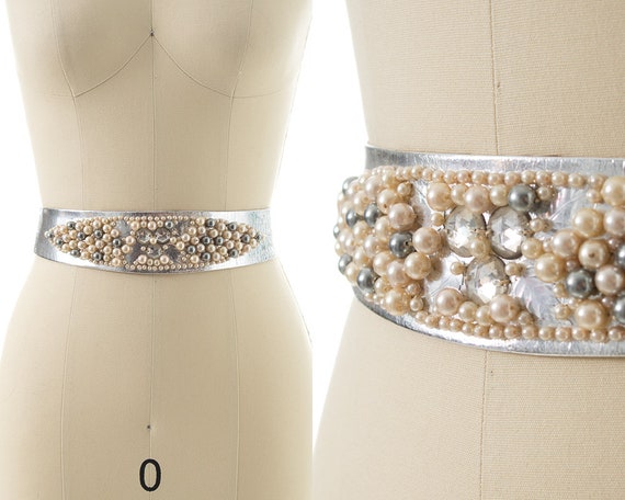 Vintage 1950s Cinch Belt | 50s Leather Beaded Rhi… - image 1