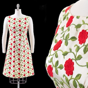 Vintage 1960s Party Dress | 60s EMMA DOMB Red Rose Floral Embroidered Cream Satin Formal Dress (small)