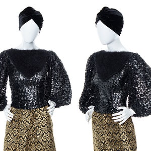 Vintage 1970s 1980s Blouse | 70s 80s Black Sequin Knit Angora Balloon Sleeve Disco Party Top (small)