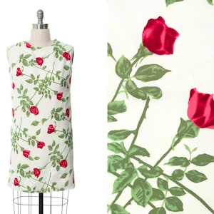 Vintage 1960s Sundress | 60s Red Rose Stems Floral Print Cream Shift Day Dress (medium/large)