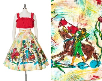 Vintage 1950s Circle Skirt | 50s Mexican Hand Painted Sequined Cotton Novelty Print Bull Fighter Tourist Souvenir Skirt w/ Pockets (medium)