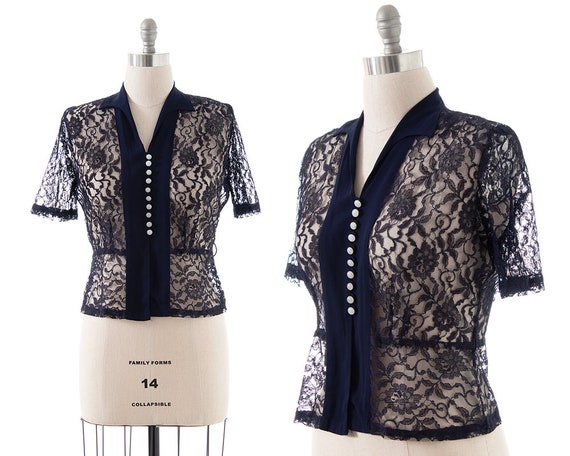 Vintage 1940s Blouse | 40s Navy Blue Sheer Lace R… - image 1