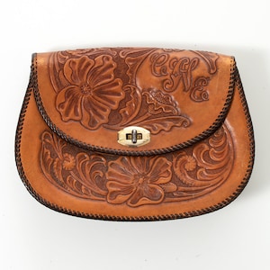 Vintage 1960s 1970s Clutch | 60s 70s Floral Tooled Leather Purse Western Bohemian Twist Lock Handbag