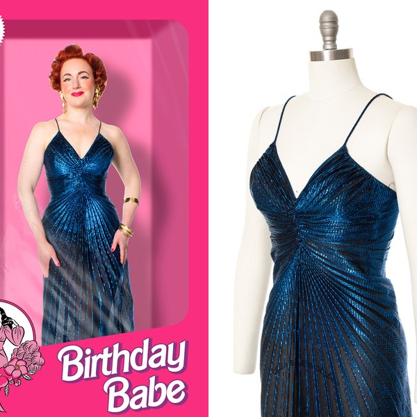 Vintage 1980er Jahre Party Kleid | 80er New Leaf Travilla Stil Metallic Blau Lurex Plissee Marilyn Monroe Wiggle Midi Abendkleid