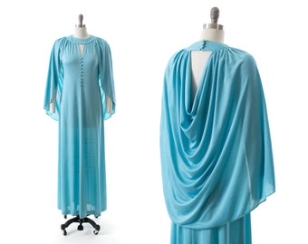 Vintage 1970s Maxi Dress | 70s Attached Cape Light Blue Jersey Keyhole Full Length Party Gown (small/medium/large)