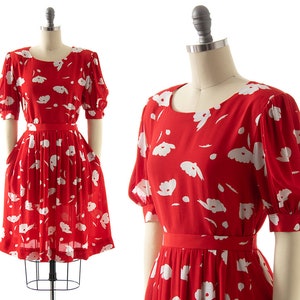 Vintage 1980s Skirt Set | 80s Floral Printed Red Rayon Puff Sleeve Blouse Top Matching Full Skirt Two Piece Set with Pockets (small)