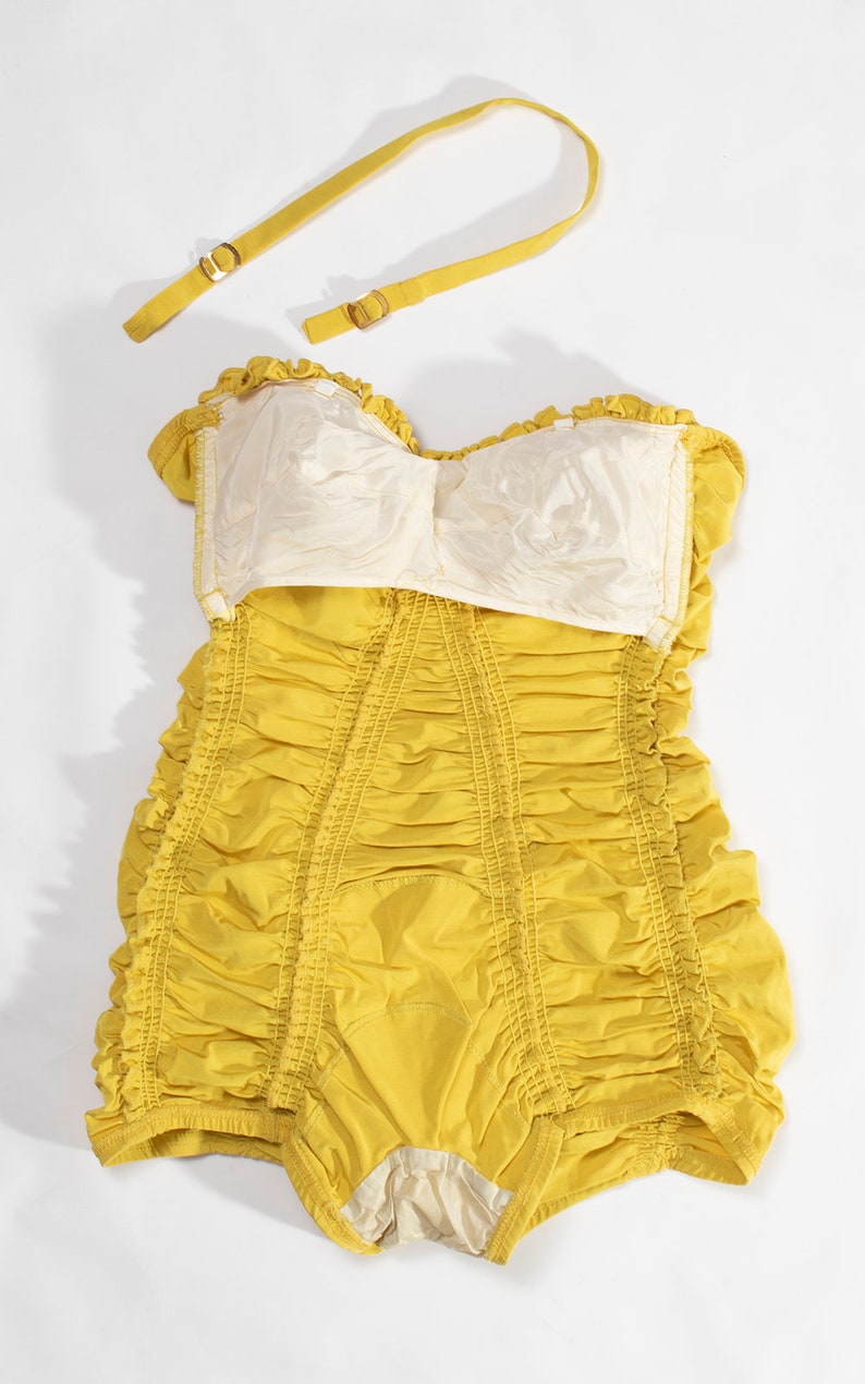 Vintage 1940s 1950s Swimsuit 40s 50s CATALINA Bright Canary Yellow Ruffled Ruched Halter One Piece Bathing Suit x-small/small image 8