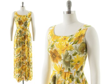 75 DRESS SALE /// Vintage 1960s 1970s Sundress | 60s 70s Yellow Floral Cotton Printed Full Skirt Maxi Dress (small)